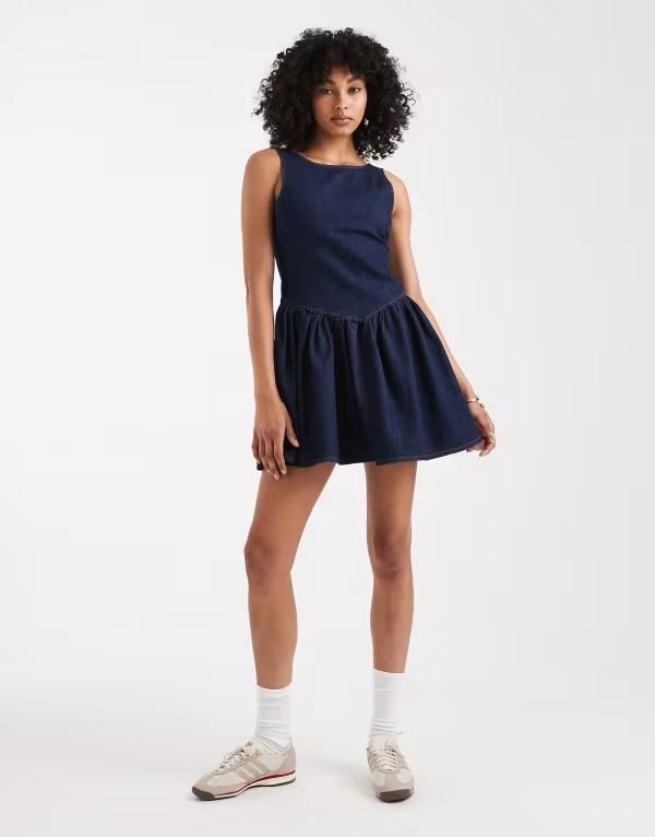 ミスセルフフリッジ レディース トップス ワンピース ミニワンピース ミニ デニム Miss Selfridge drop waist denim mini dress wash Blue wash