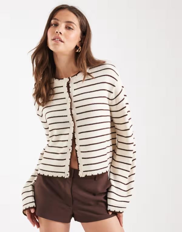 ミスセルフフリッジ レディース アウター カーディガン Miss Selfridge stiped blanket stitch cardigan in buttermilk Buttermilk
