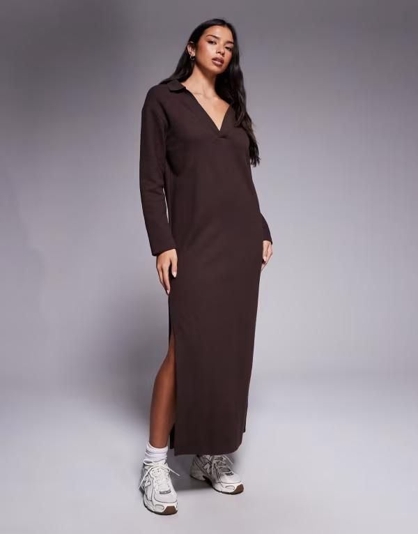 エイソス レディース トップス ワンピース ポロシャツ ミディ ASOS DESIGN super soft slouchy polo midi dress BROWN ブラウン