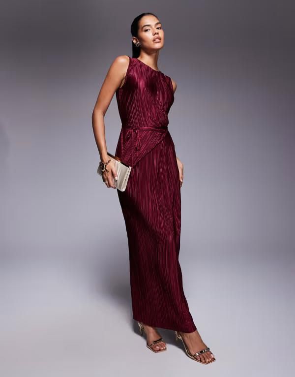 エイソス レディース トップス ワンピース マキシワンピース ノースリーブ マキシ ASOS DESIGN plisse sleeveless wrap tie front maxi dress in