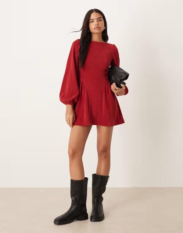 エイソス レディース トップス ワンピース ミニ ASOS DESIGN cord blouson long sleeve waistedetail mini dress in cherry Red