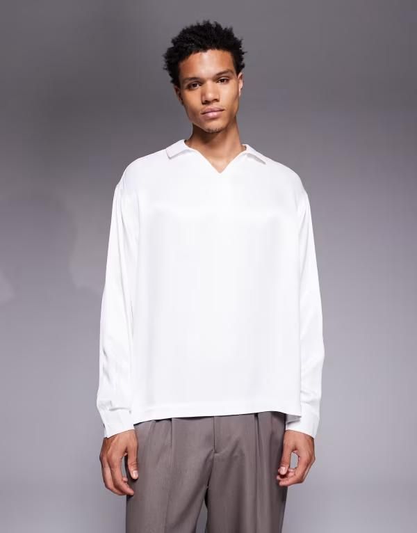 エイソス メンズ トップス シャツ サテン ASOS DESIGN oversized satin overhead shirt WHITE ホワイト
