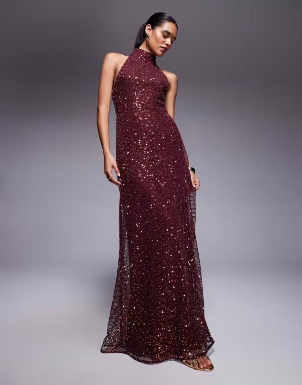 エイソス レディース トップス ワンピース マキシ ホルター ASOS DESIGN embellished halterneck maxi dress Burgundy バーガンディ