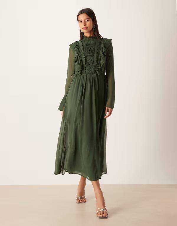 エイソス レディース トップス ワンピース ハイネック フリル レース マキシ ASOS DESIGN high neck ruffle maxi dress with lace inserts an