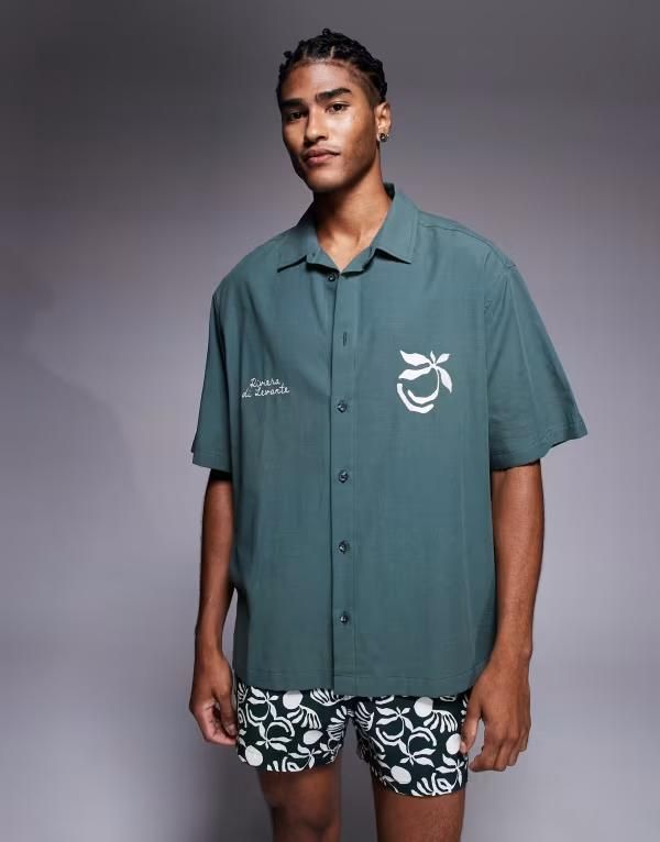 エイソス メンズ トップス シャツ ASOS DESIGN oversized shirt with chest embroidery part of a set GREEN グリーン