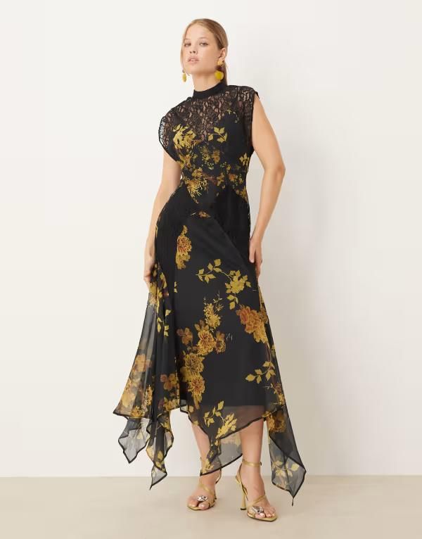 エイソス レディース トップス ワンピース ハイネック フラワー柄 プリント ミディ レース フラワー ASOS DESIGN seamed high neck lace detail midi dr