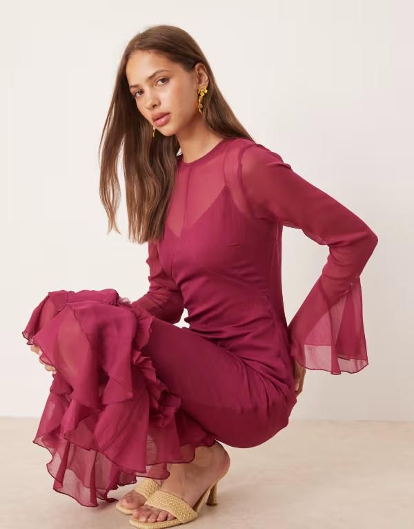エイソス レディース トップス ワンピース フリル裾 フリル マキシ ASOS DESIGN flutter sleeve maxi dress with ruffle hem in mulberry