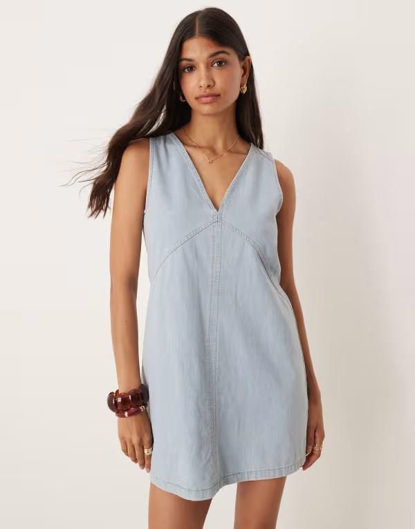 エイソス レディース トップス ワンピース A ライン ミニワンピース ミニ デニム ASOS DESIGN denim a line swing mini dress in mid MID BLUE