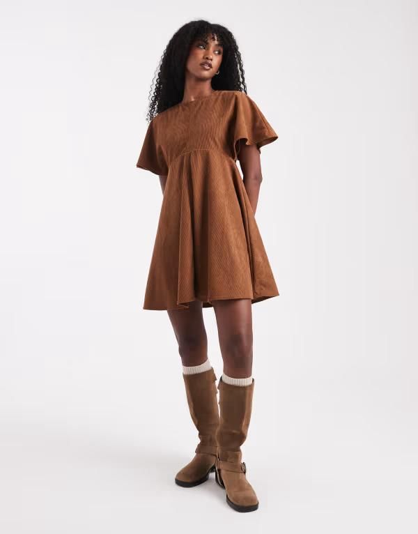 エイソス レディース トップス ワンピース ミニワンピース ミニ Tシャツ ASOS DESIGN cord Tshirt mini dress with stitching detail in ta