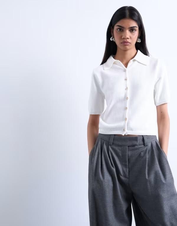 トップショップ レディース アウター ニット・セーター ポロシャツ ニット Topshop knit short sleeve polo top in neutral Oat