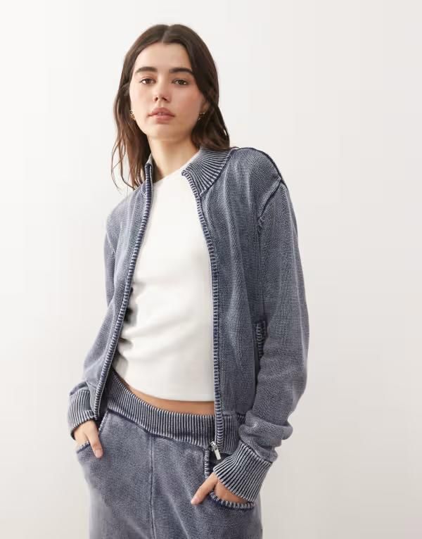 コルージョン レディース アウター ニット・セーター COLLUSION acid wash waffle knit zip up sweater part of a set Blue acid wa