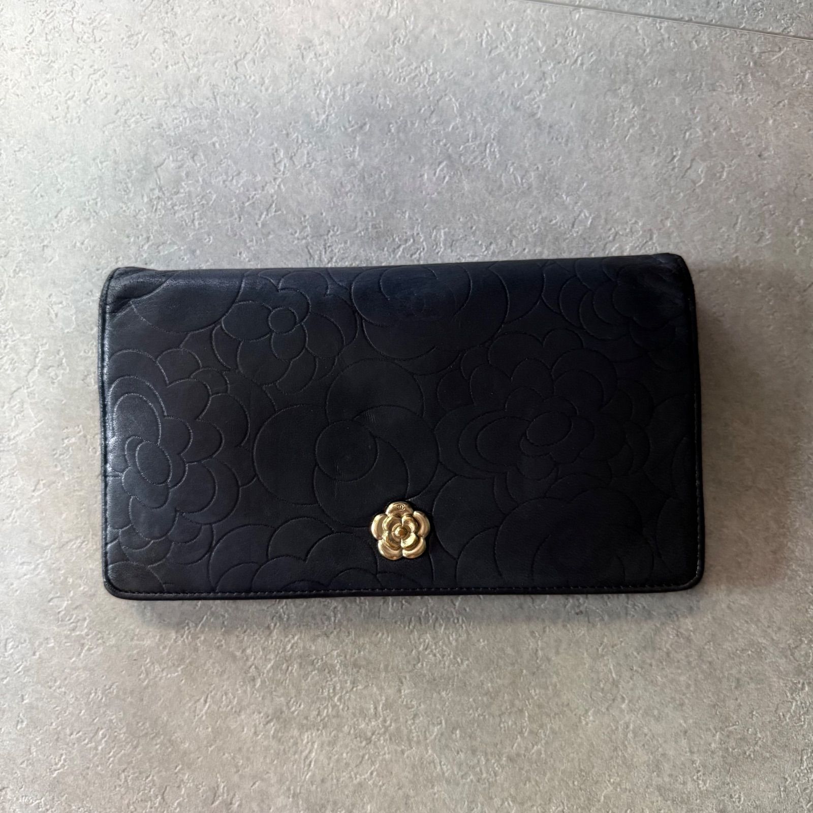 CHANEL シャネル カメリア ココマーク 二つ折り長財布 レザー ブラック 