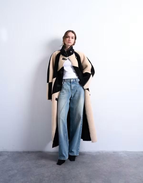 トップショップ レディース アウター コート パッチワーク Topshop borg longline ovoid sleeve patchwork coat Black ブラック