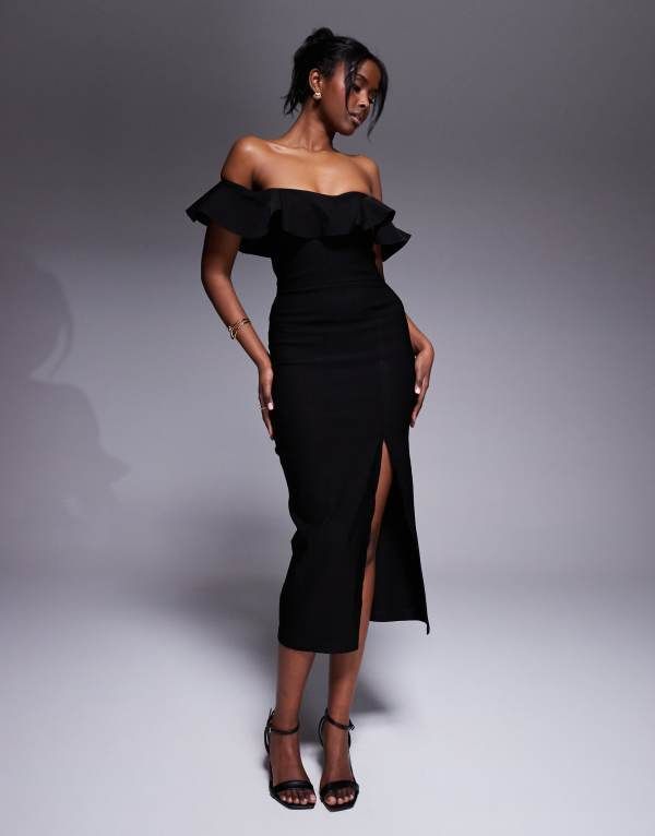 ベスパー レディース トップス ワンピース サイドスリット ミディワンピース フリル ミディ Vesper bengaline ruffle bardot side slit midi dress B