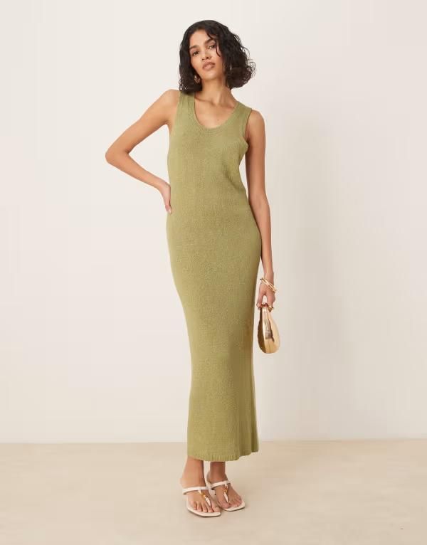 エイソス レディース トップス ワンピース ニット ASOS DESIGN knit scoop neck textured midaxi dress Green グリーン