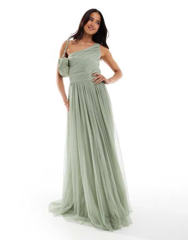 レース アンド ビーズ レディース トップス ワンピース マキシワンピース マキシ Lace Beads Bridesmaid one shoulder maxi dress in dusty sag
