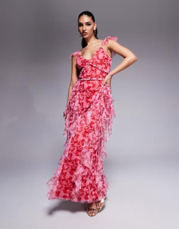 レース アンド ビーズ レディース トップス ワンピース チュール フラワー柄 フリル フラワー Lace Beads ruffle midaxi tulle dress and pink flora