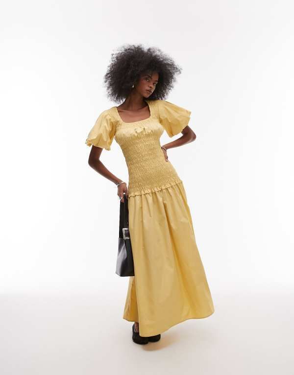 トップショップ レディース トップス ワンピース マキシワンピース マキシ Topshop puff sleeve square neck shirred maxi dress in buttermi