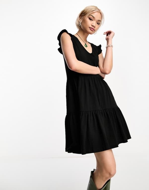 オンリー レディース トップス ワンピース ティアード ミニワンピース ミニ Only tiered frill sleeve mini dress Black ブラック