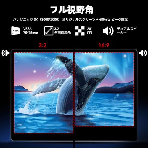 R★モバイルモニター 13.5インチ 3K解像度自立型 ポータブルモニター 3000*2000 3:2 画面比 ポータブルモニター 超軽量600g 高輝度480nits 100％色域 画像比自動適合内蔵スピーカー VESA 対応 Type-C 1076ba29