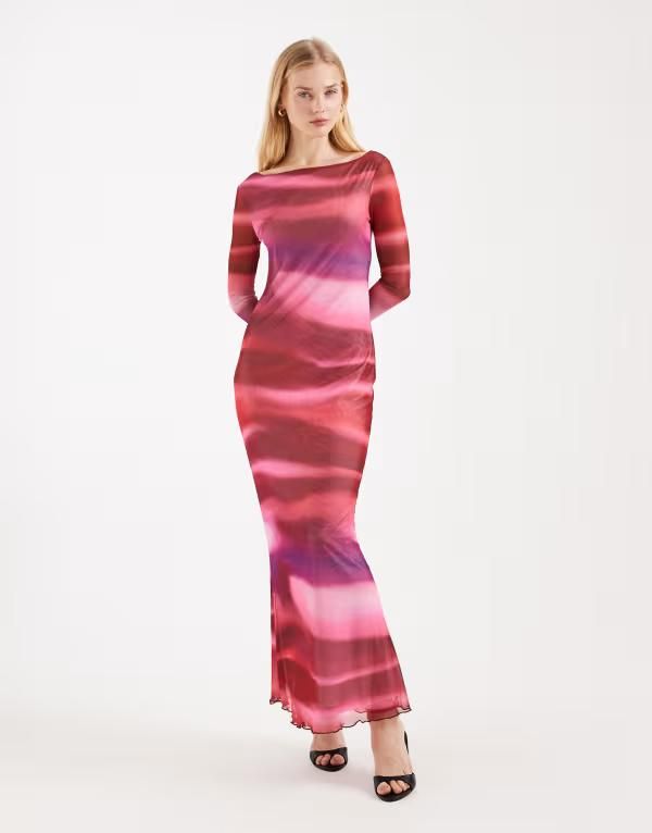ヴェロモーダ レディース トップス ワンピース プリント メッシュ マキシ Vero Moda long sleeve mesh maxi dress abstract print Pink Abst