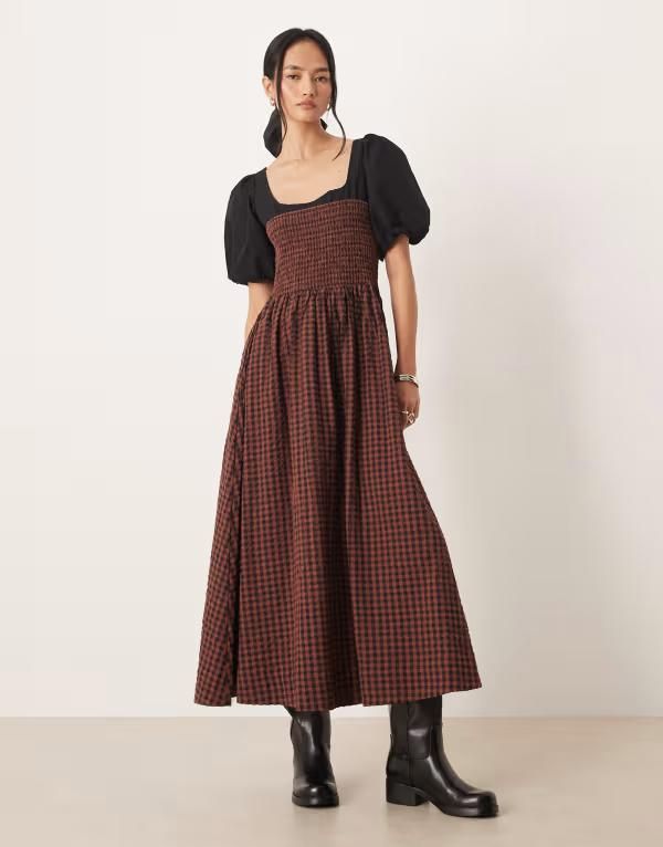 エイソス レディース トップス ワンピース ギンガムチェック マキシ ギンガム ASOS DESIGN shirred bodice maxi dress with puff sleeve in ch
