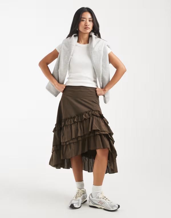 デイジーストリート レディース ボトムスカート アシンメトリー フリル ミディ Daisy Street ruffle asymmetric midi skirt BROWN ブラウン
