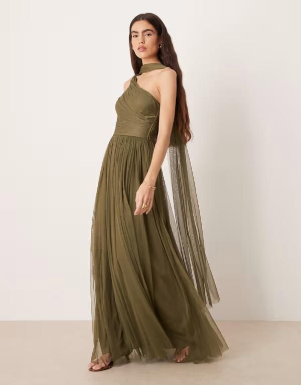 レース アンド ビーズ レディース トップス ワンピース チュール マキシ Lace Beads tulle one shoulder scarf neck maxi dress in deep ol