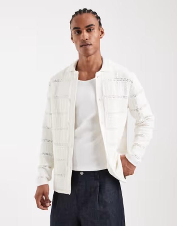 オンリーアンドサンズ メンズ アウター カーディガン リラックスフィット ONLY SONS relaxed fit crochet cardigan Cloudancer ホワイト