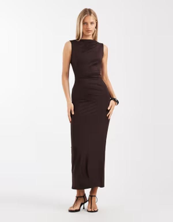 フォースレックレス レディース トップス ワンピース ギャザー ノースリーブ マキシ 4th Recklesslinky sleeveless ruched slash neck maxi dress