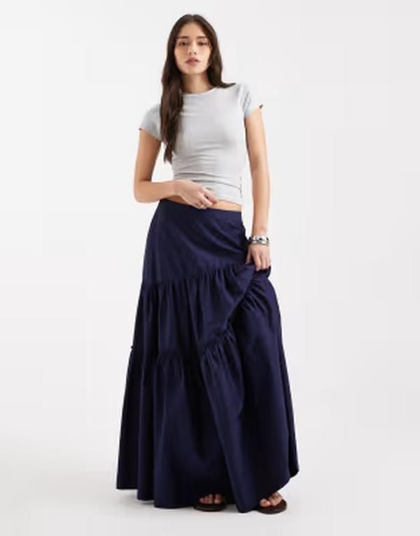 エイソス レディース ボトムスカート ティアード アシンメトリー マキシ ASOS DESIGN asymmetric tiered boho maxi skirt navy ネイビー
