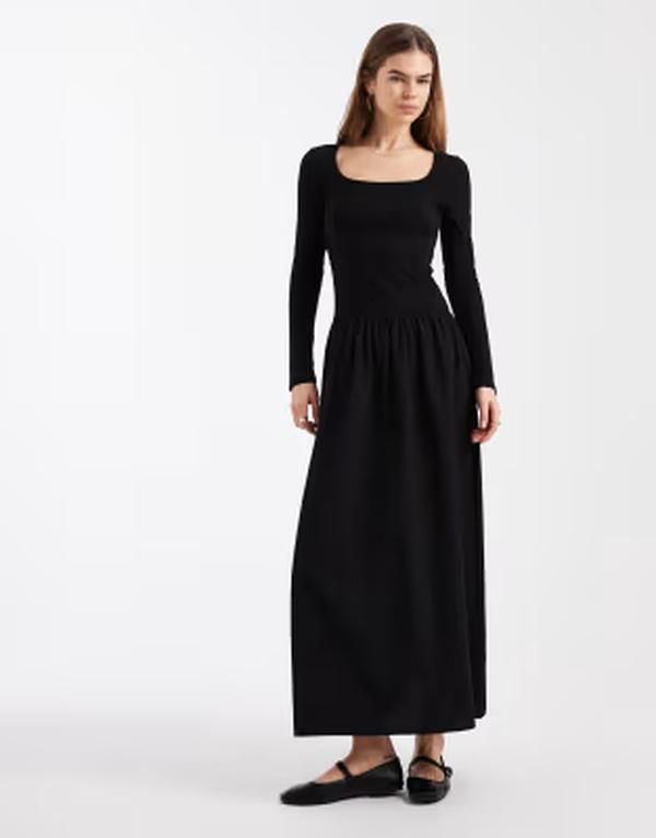 エイソス レディース トップス ワンピースカート ジャージー ASOS DESIGN jersey hybrid midaxi dress with poplin skirt in Black ブラッ