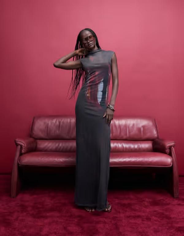 エイソス レディース トップス ワンピース ハイネック プリント メッシュ マキシ ASOS DESIGN printed meshigh neck maxi dress with liprint L