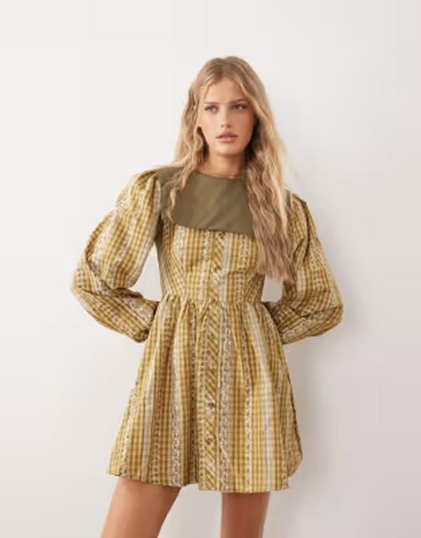 グラマラス レディース トップス ワンピース ミニ Glamorousquare collar mini babydoll dress in yellow plaid Yellow check イエロ