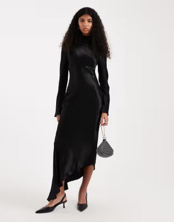 エイソス レディース トップス ワンピース アシンメトリー サテン マキシ ASOS DESIGN biasatin asymmetric hemaxi dress Black ブラック