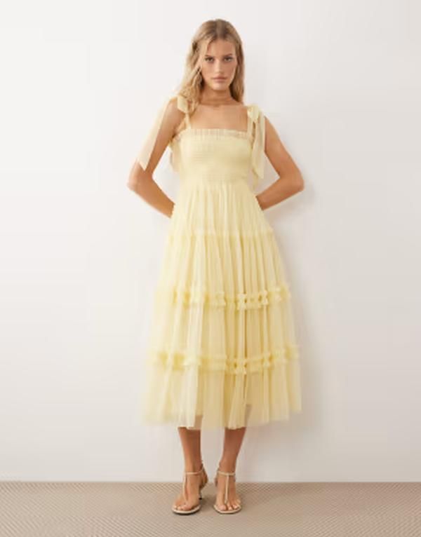 レース アンド ビーズ レディース トップス ワンピース チュール ミディ Lace Beads Bridesmaid Louise bow shoulders tulle midi dress in