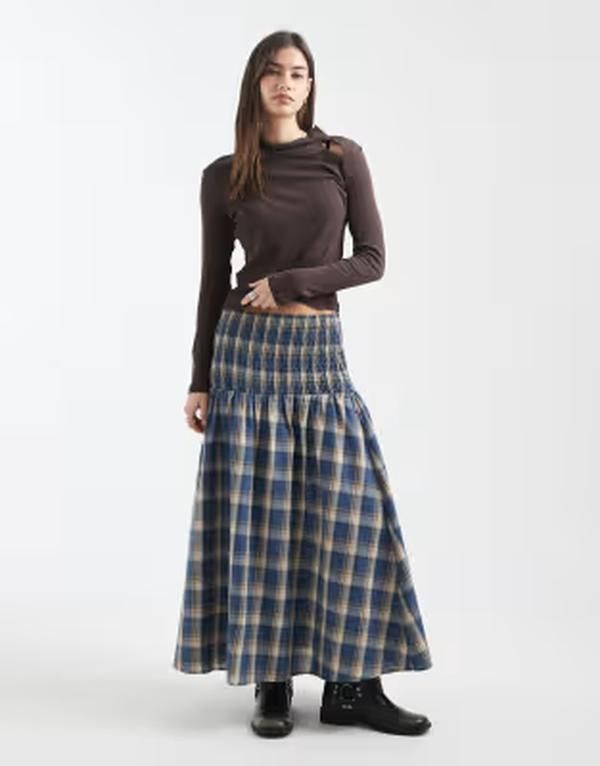 デイジーストリート レディース ボトムスカート マキシ Daisy Street shirredrop waist maxi skirt plaid Blue check ブルー