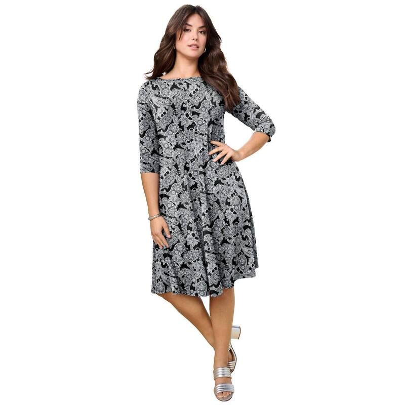 ロアマンズ レディース トップス ワンピース プラスサイズ Roamans Womens Plusize 34 Sleeve Boatneck Swing Dress Black Fancy Pais
