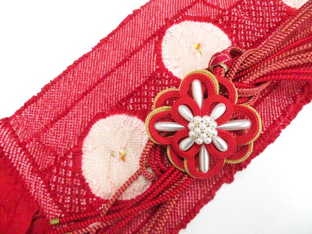 【京松】和装小物 帯締め帯揚げセット 振袖用 丸組 金糸 飾り付 花 総絞り 未使用品 美品 r8w06-592