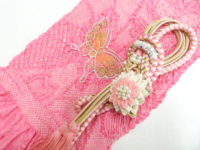 【京松】和装小物 帯締め帯揚げセット振袖用 丸組 撚房 金糸 飾付 パール 総絞り 未使用品 美品 r8w06-593