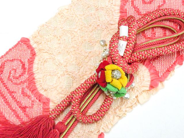 【京松】和装小物 帯締め帯揚げセット 振袖用 丸組 寄進 撚房 笠利付き パール 総絞り 未使用品 美品 r8w06-595