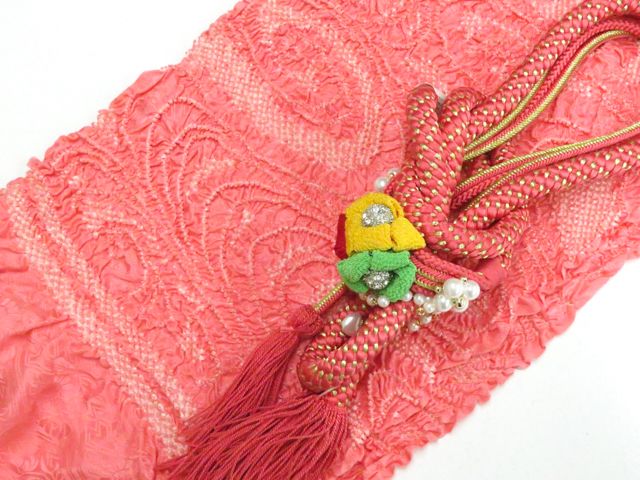 【京松】和装小物 帯締め帯揚げセット 振袖用 丸組 金糸 飾り付 パール 総絞り 未使用品 美品 r8w06-597