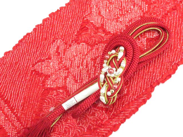【京松】和装小物 帯締め帯揚げセット 振袖用 丸組 撚房 金糸 飾り付 パール 総絞り 未使用品 美品 r8w06-600