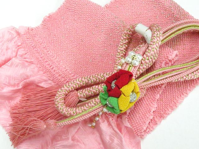 【京松】和装小物 帯締め帯揚げセット 振袖用 丸組 撚房 金糸 飾付 パール 総絞り 未使用品 美品 r8w06-602