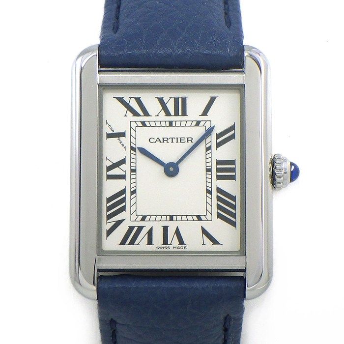 カルティエ Cartier 腕時計 タンク ソロ SM WSTA0030 レクタンギュラー シルバー文字盤 SS ブルー レザーベルト クオーツアナログ 【中古】