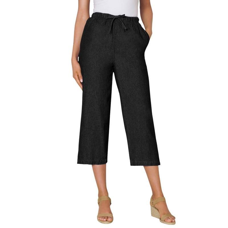 ウーマン ウィズイン レディース ボトムス カジュアルパンツ プラスサイズ デニム キャップ Woman Within Plusize Drawstring Denim Capri Black ブラッ