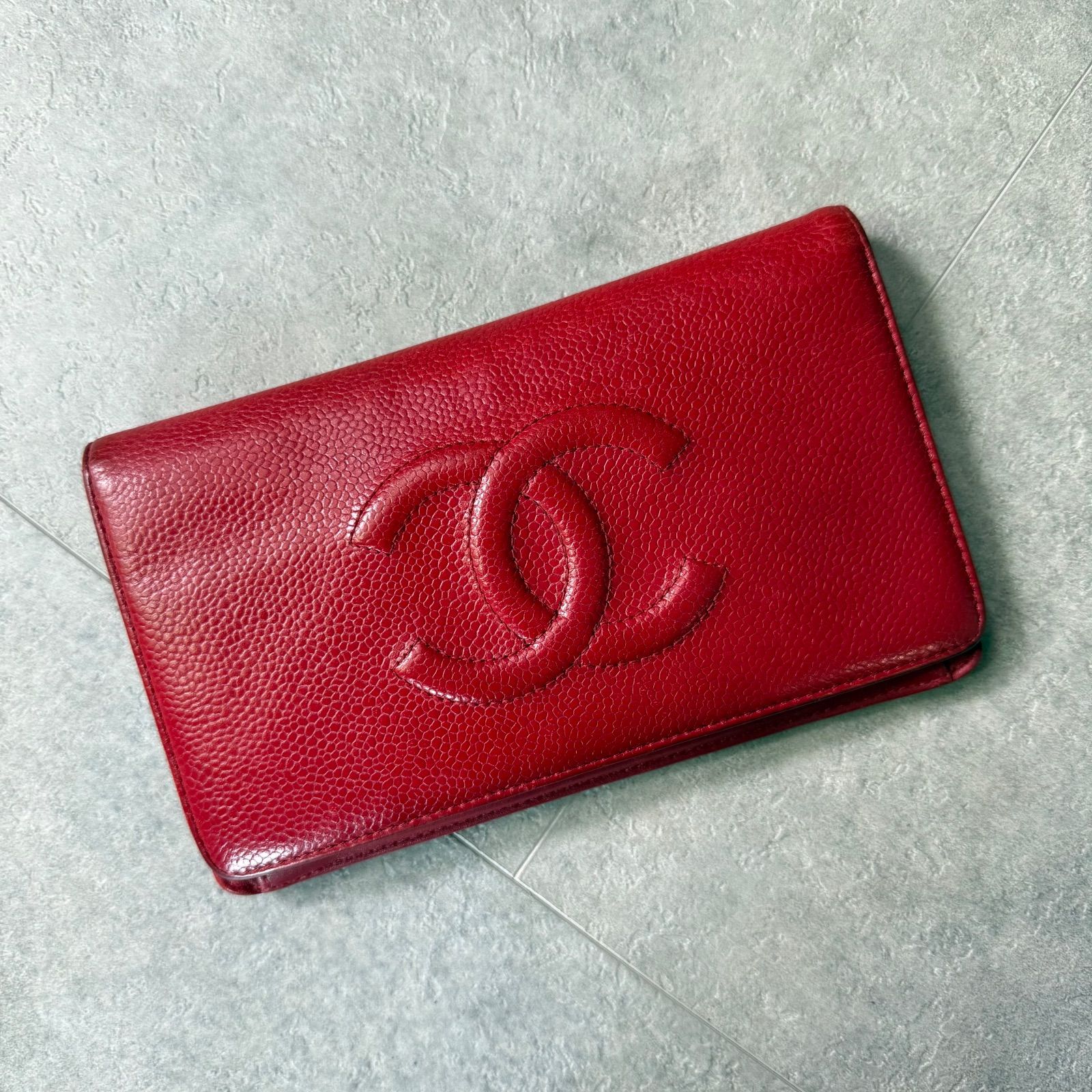 CHANEL シャネル タイムレスCC 二つ折り長財布 キャビアスキン ウォレット ココマーク デカココ レザー 赤 レッド