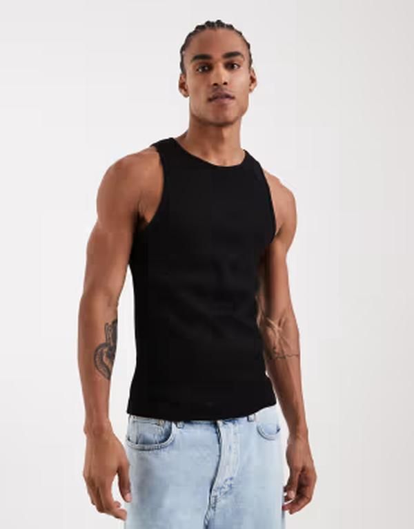 エイソス メンズ トップス ベスト リブニット ASOS DESIGN super heavyweight muscle fitank top withigh scoop neck rib knit