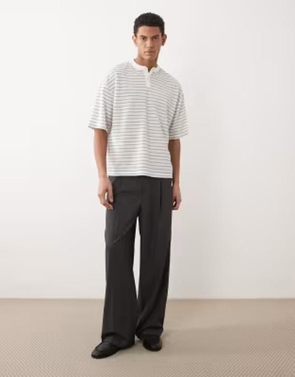 エイソス メンズ トップス Tシャツ ヘンリーネック ASOS DESIGN boxy oversized henley neck tshirt stripes White gray ホワイト