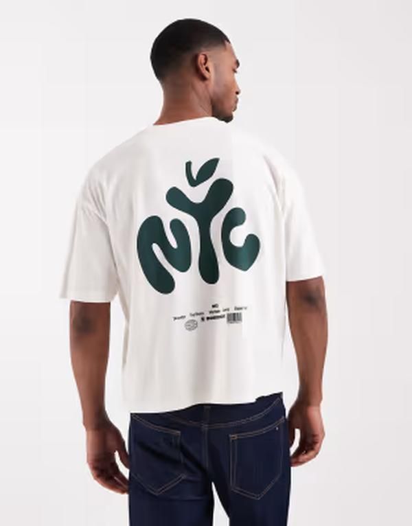 エイソス メンズ トップス Tシャツ プリント ASOS DESIGN boxy oversized tshirt with NYC text print in cream Coconut milk